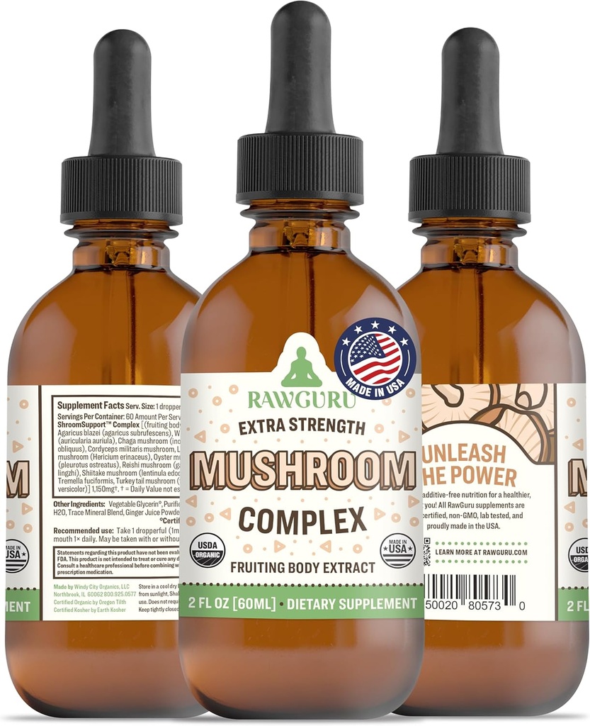 RawGuru Organic Mushrom Complex Tinture - Organic Mushroom Extract with Trace Minerals - Nano-Processed Cognitive & Immune Suplement - 60 Servings of Vegan Drops per 60 ml, Balenie 1