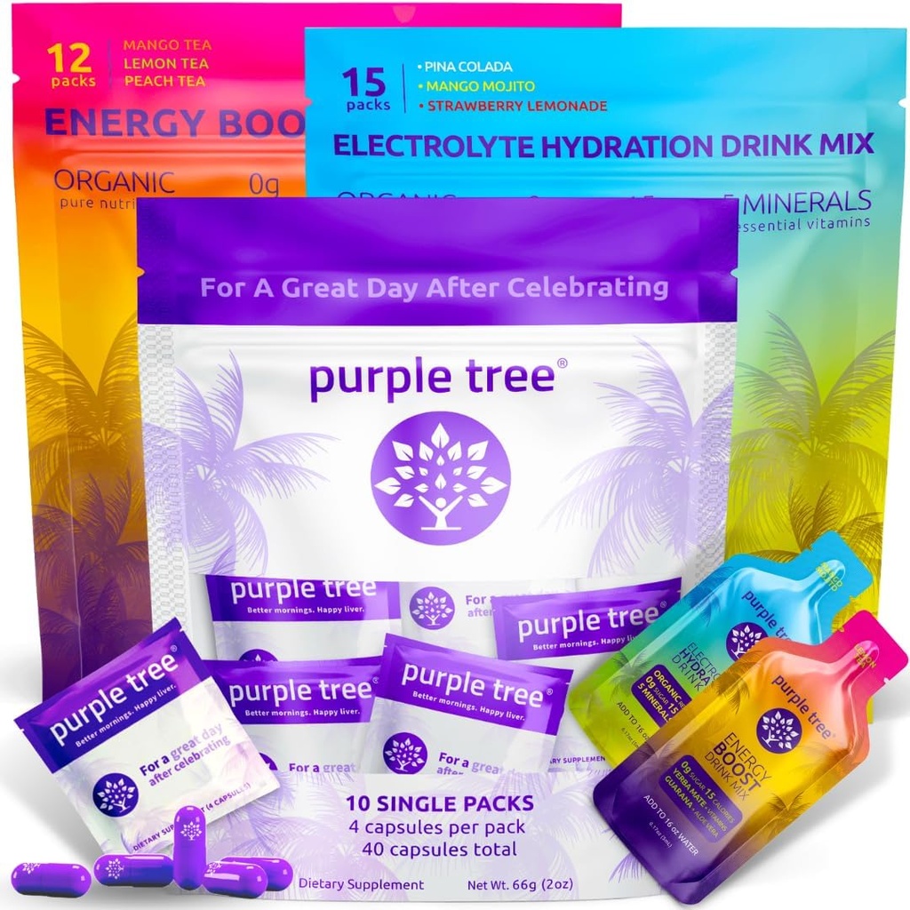 fialový strom Premium 3x1 Combo: Po Celebrácia Wellness pilulky, Organická hydratácia, Budúci deň Energy Stick Packets 10 Party Bag Kits for Better Mornings & Happy Liver, Weddings, Travel, Bachelorette