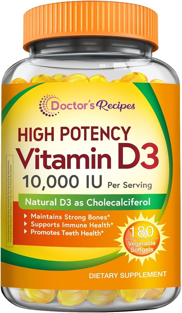 Lekár recepty Vitamín D3 10000 IU, kosti, zuby, a imunitná podpora, non-GMO, bez želatíny, lepidlo alebo sója, 90 dní dodávky, 180 Vegetariánov Softgels