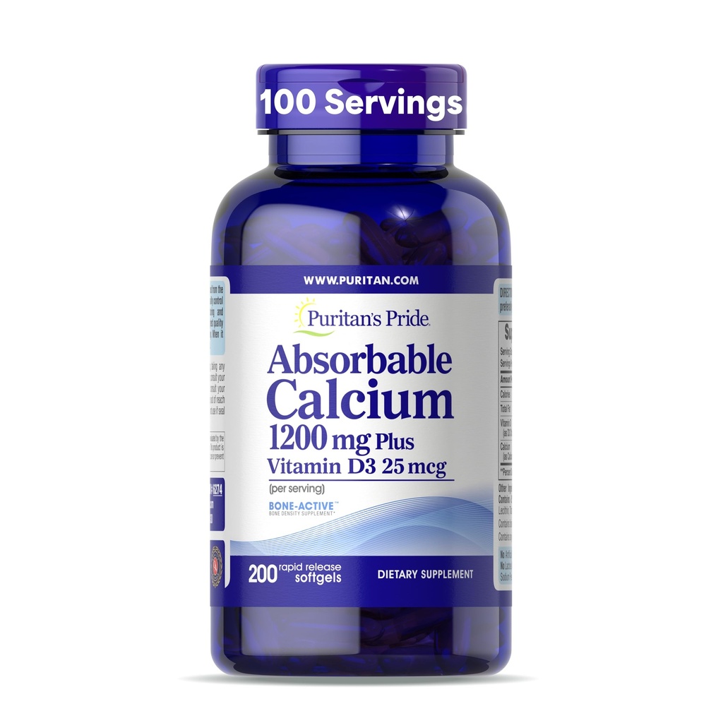 Puritánska pýcha s absorbovateľným vápnikom 1200 mg Plus vitamín D3 25 μg 1000 IU s Bone- ActiveTM, 200 softgelov s rýchlym uvoľňovaním