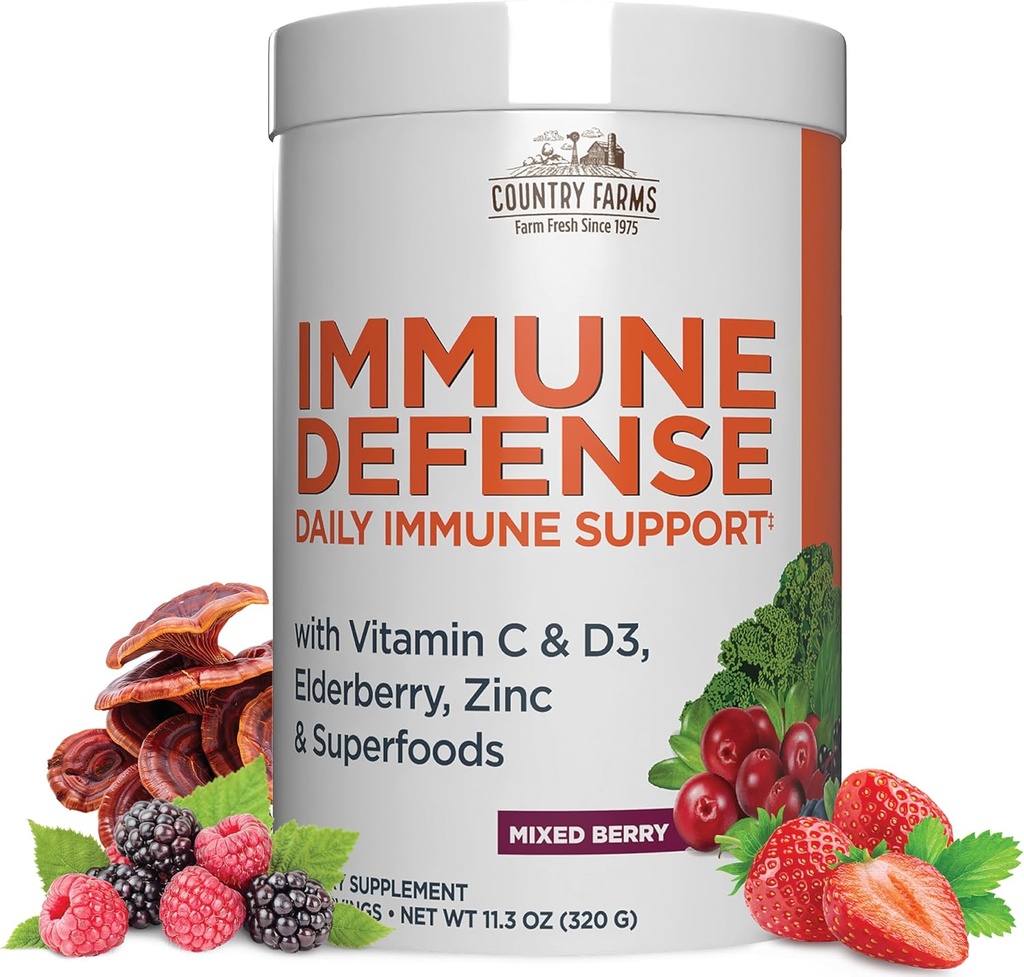 KRAJINA FARMY Imunitná obrana Superpotraviny, Imunitná podpora Supplement, Vitamín C s čiernymi plodmi, Echinacea, Turmerica, Podpora Hydratácia, s probiotikami a prebiotikami, Berry Flavor, 40 Servings