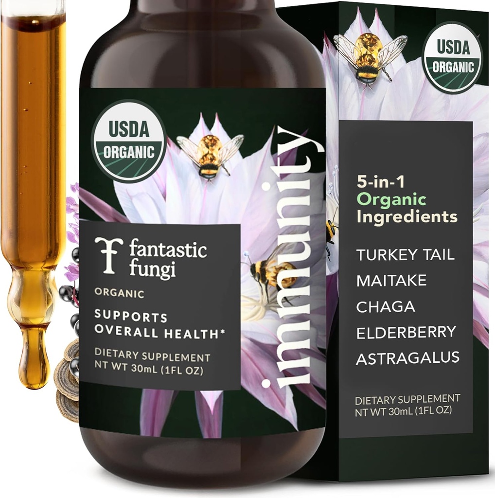 Fantastické Fungi Huby extrakt kvapky - Imunita Elixir s Tureckom chvostové huby extrakt, Maitake, bazy, Chaga & Astragalus - 5-in-1 Organická imunita podpora doplnok, 30 Služobné, 1 fl oz