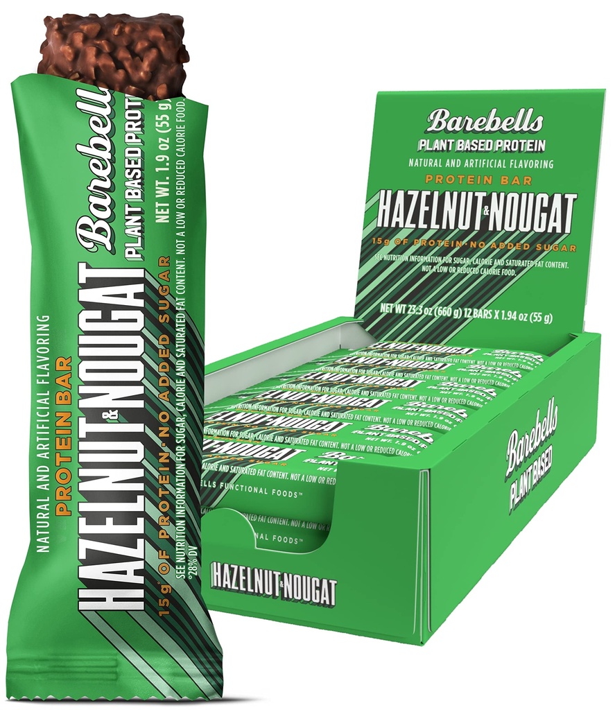 Barebells Vegan Protein Bars Hazelnut & Nougat - 12 Gróf, 1.9oz Bary - Vlastnosti Plant Based Protein Bar s 15g proteínu - Čokoládové Bielkoviny Snacks s Iba 1g celkových cukrov - Ideálne pre