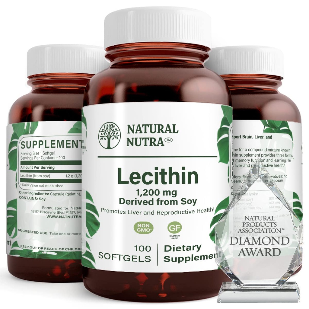 Natural Nutra Soy Lecithin 1200 mg Dietary Supplement - Funkcia mozgu, zdravie pečene, Hepls zdravie prsníkov, podpora pamäte doplnok - Gluten-free, BPA-free, 100 Softgels v recyklovateľných sklenených fliaš