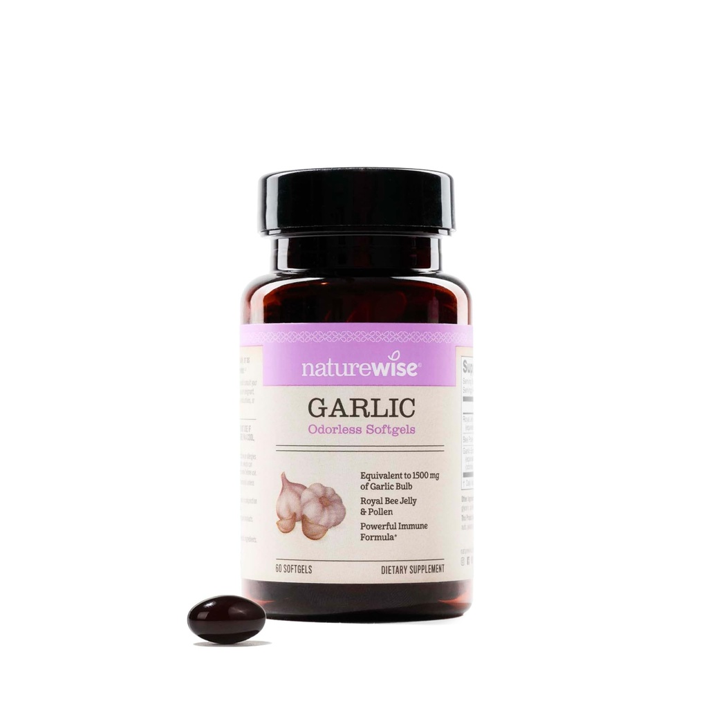 NatureWise Odorless Cesnakové pilulky - s Royal Bee Jelly & Pollen - Bylinné doplnky pre zdravie srdca + Imunitný systém + Antioxidanty - Gluten Free, Non-GMO - 60 Softgels [2-Mesiac]