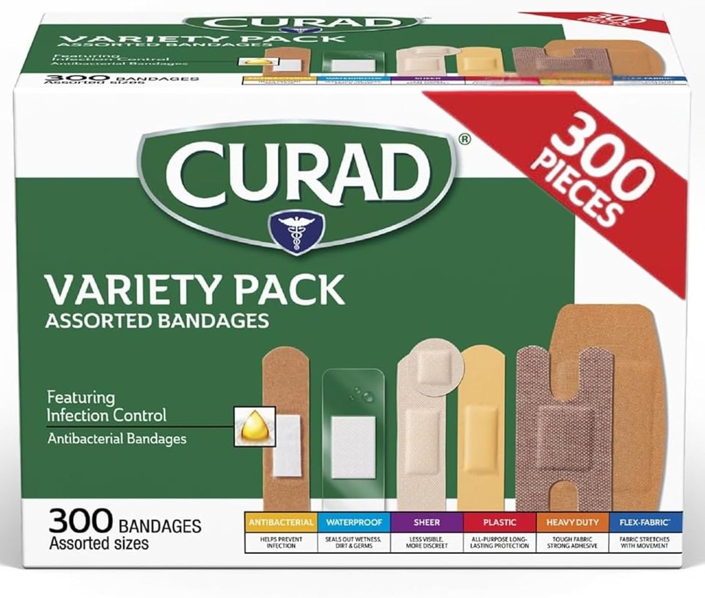 CURAD rozmanité obväzy rozmanité balenia, 300 gróf, 6 štýlov vrátane antibakteriálne, vodotesné, lesklé, plastové, ťažké clo a Flex-Fabric, chráni šroty, rezy a popáleniny, bez latexu