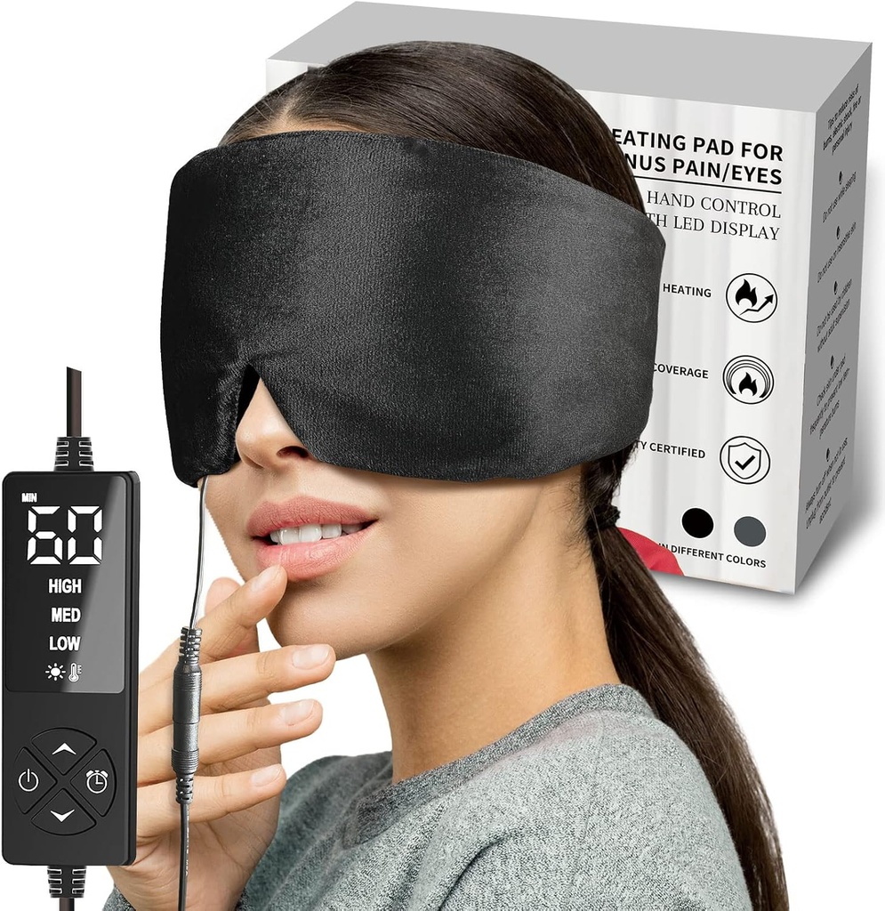 Sticro Vyhrievané očné masky s extra veľkou veľkosťou pre suché oči a Sinus Relief tlaku, Ultra mäkké tvár Vykurovanie Pad pre napätie bolesť hlavy Relief, Čeľuste TMJ úľava od bolesti - 3 Teplo & 5 Nastavenia časovania (čierna)