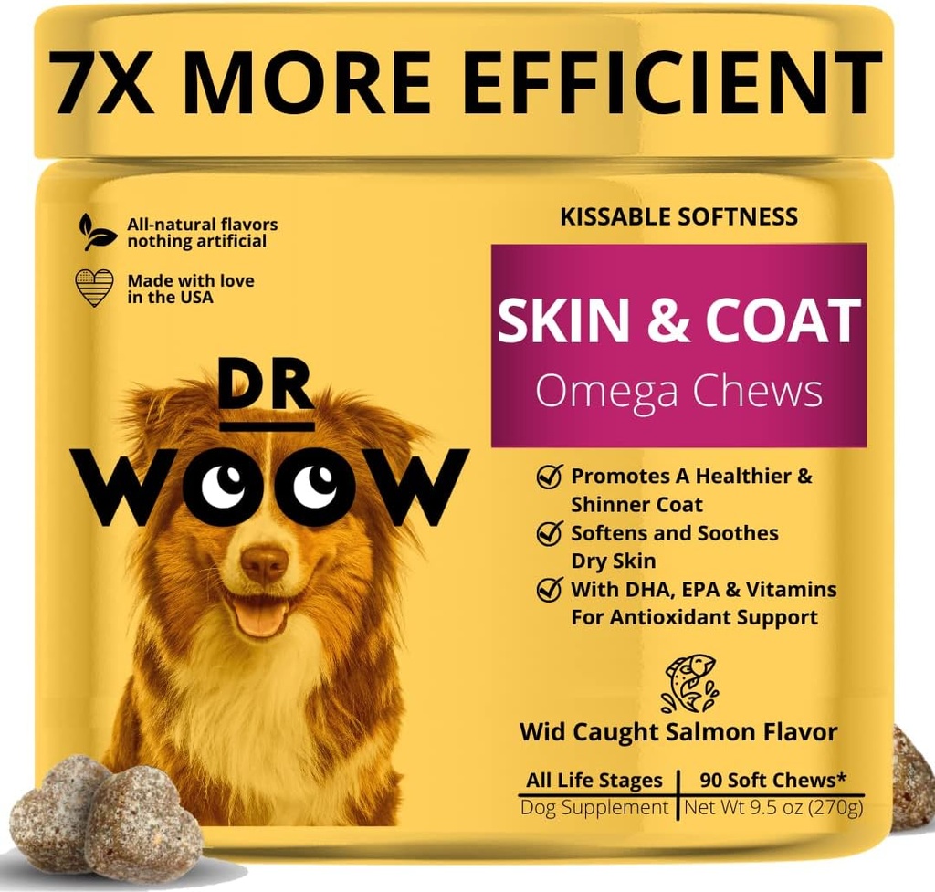 Omega Wild Aljašský losos rybí olej 90 ct Mäkké žuvačky pre psa - Anti Itch & Coat + Alergická podpora, s Kelp, Biotín, Vitamíny, Zinok - pomáha svrbenie kože, Psie alergie, Môže znížiť shedding