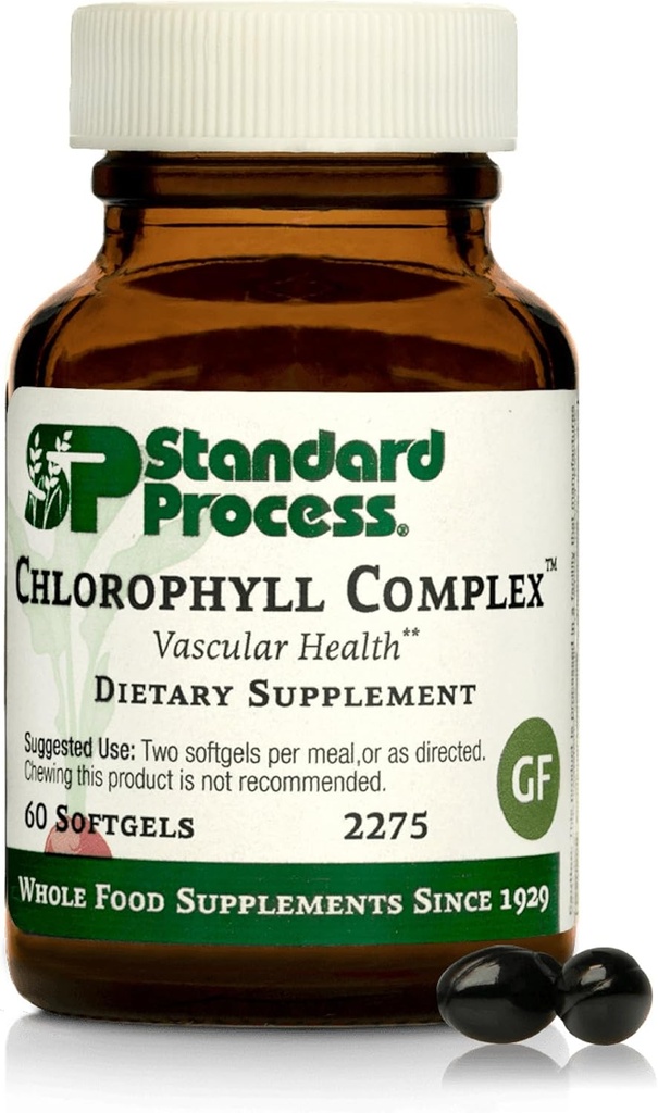 Štandardný proces Inc. chlorofyl komplex - Imunitná podpora, Antioxidačná aktivita, Zdravie pokožky a zdravie vlasov s vitamínom A, slnečnicový lecitín, pohánka, španielčina Moss - 60 Softgels