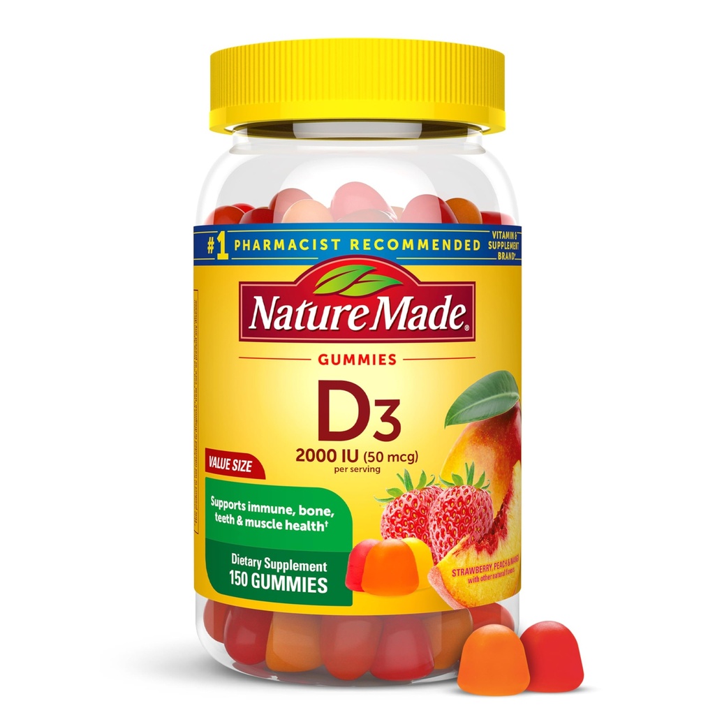 Príroda Vyrobené vitamín D3 2000 IU na servírovanie guličiek, kostí, zubov, svalov a imunitného zdravia, 75-dňový prísun, 150 vitamín D Gumies pre dospelých