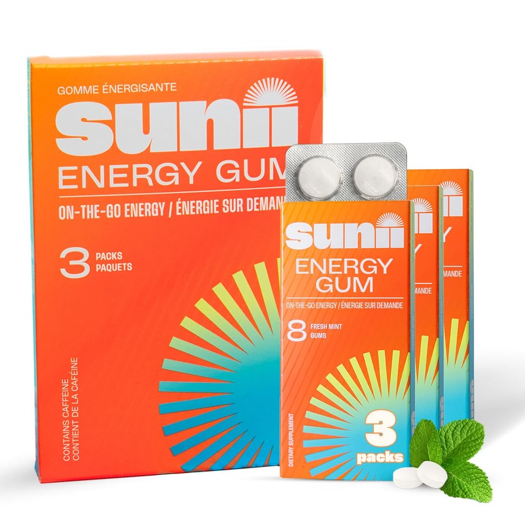 SUNII ENERGY GUM - New Quick Boost Energy & Focus - 50mg Caffeine Gum - Vitamins B6 & B12, Taurine, Vegan, No Sugar, Zero Calorie, Fresh Mint Taste - Rýchlejšie ako Chews, Drinks, Gels & Pills (24ks)