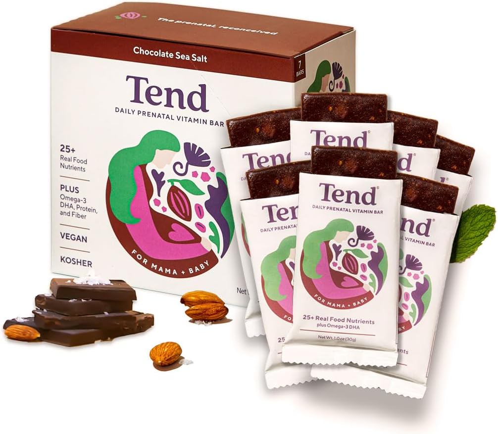 Tend Daily Najlepšie prenatálny vitamín bar, vyrobený s organickými zložkami pre tehotné a popôrodné matky, zahŕňa DHA, vitamín D, B, cholín, folát - Čokoládová morská soľ (7ct)
