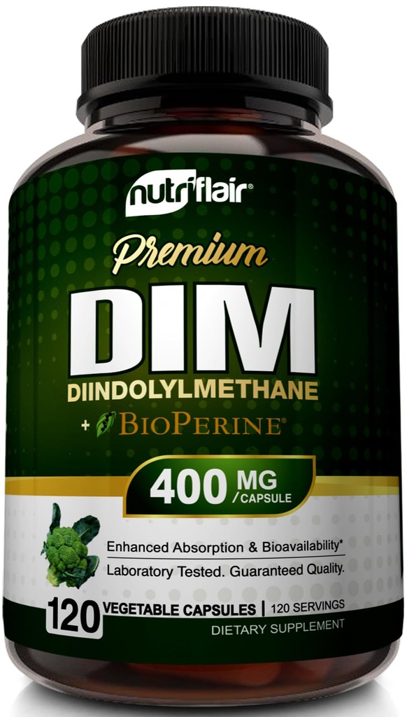 NutriFlair DIM doplnok 400 mg s Bioperínom, 120 kapsúl - Diindolylmetán - Estrogén metabolická podpora a hormonálna rovnováha, menopauza, PCOS, akné a starostlivosť o pokožku pre mužov a ženy - v porovnaní s 300 mg