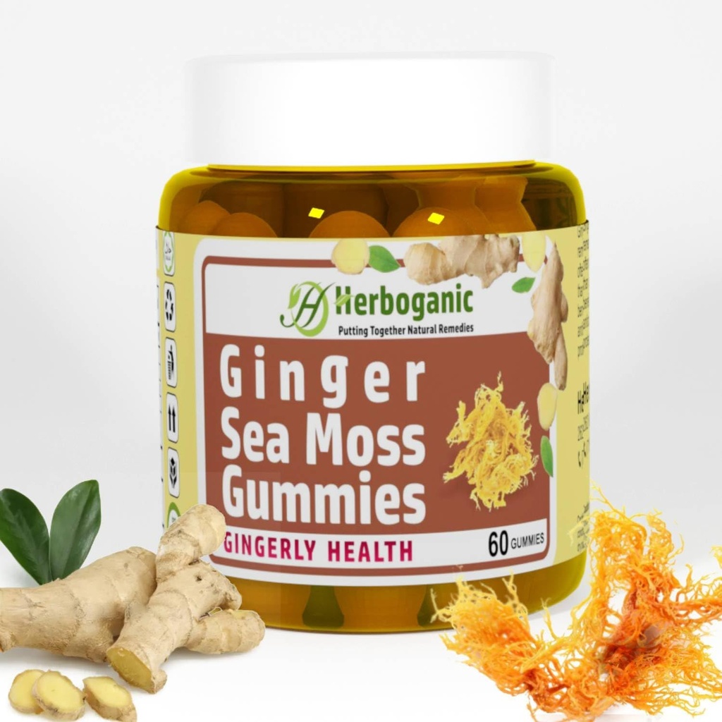 HERBOGANIC Ginger Sea Moss Gummy - Bylinná podpora imunitného a tráviaceho zdravia - Plant-Powered, Gluten-Free & Vegan-Priatelia - 60 Počet