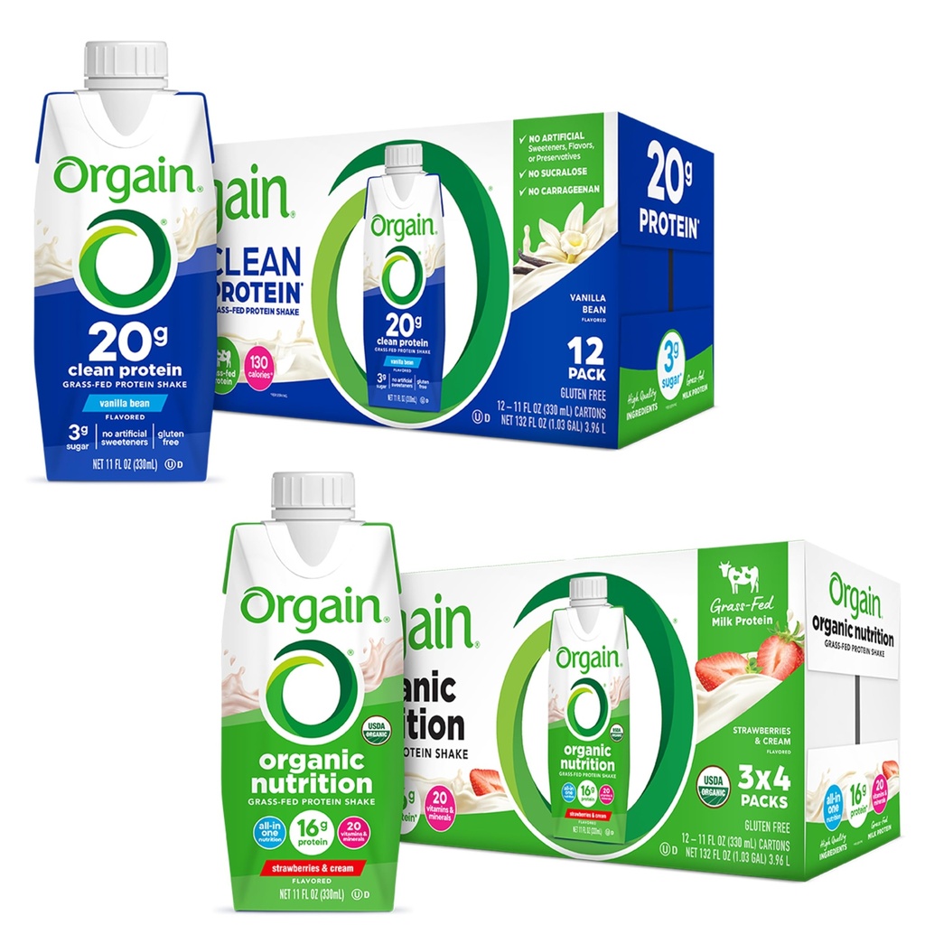 Orgain Clean Protein Shake, Grass Fed Dairy, Vanilla Bean (Pack of 12) a Orgain Organic Nutritional Protein Shake, Jahody & Cream (Pack of 12)