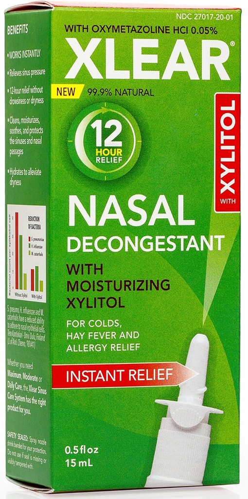 Xlear 12-Hour Natural Saline Nasal Decongestant Spray s Xylitolom a Oxymetazolínom, Instant Sinus Pressure and Congestion Relief for Kids and Adults 0,5 fl oz (Pack of 3)