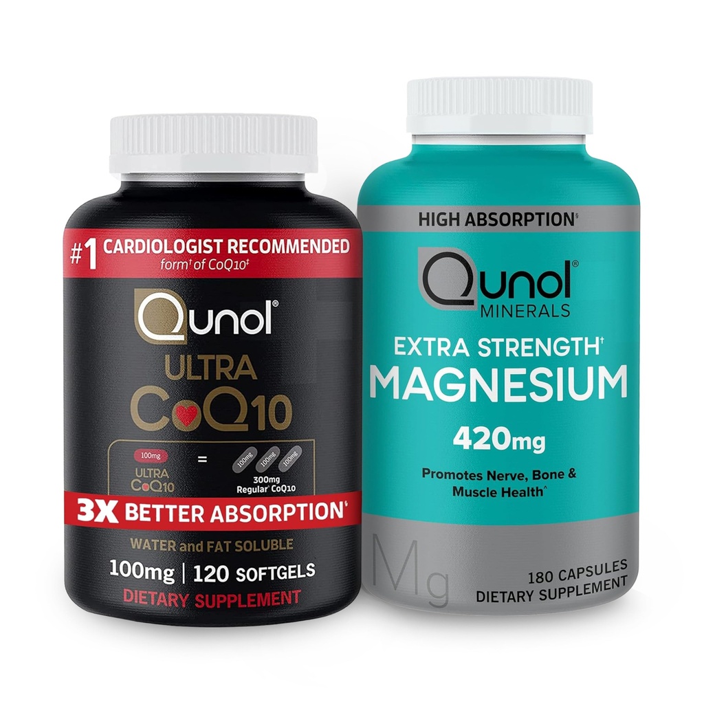 Qunol CoQ10 100mg Softgels, 3X Lepšia absorpcia 4 mesiace Zásoba + 120 Počet Magnézium Glycinát Kapsule 420mg, Vysoká absorpcia horčík doplnok, 180 Počet