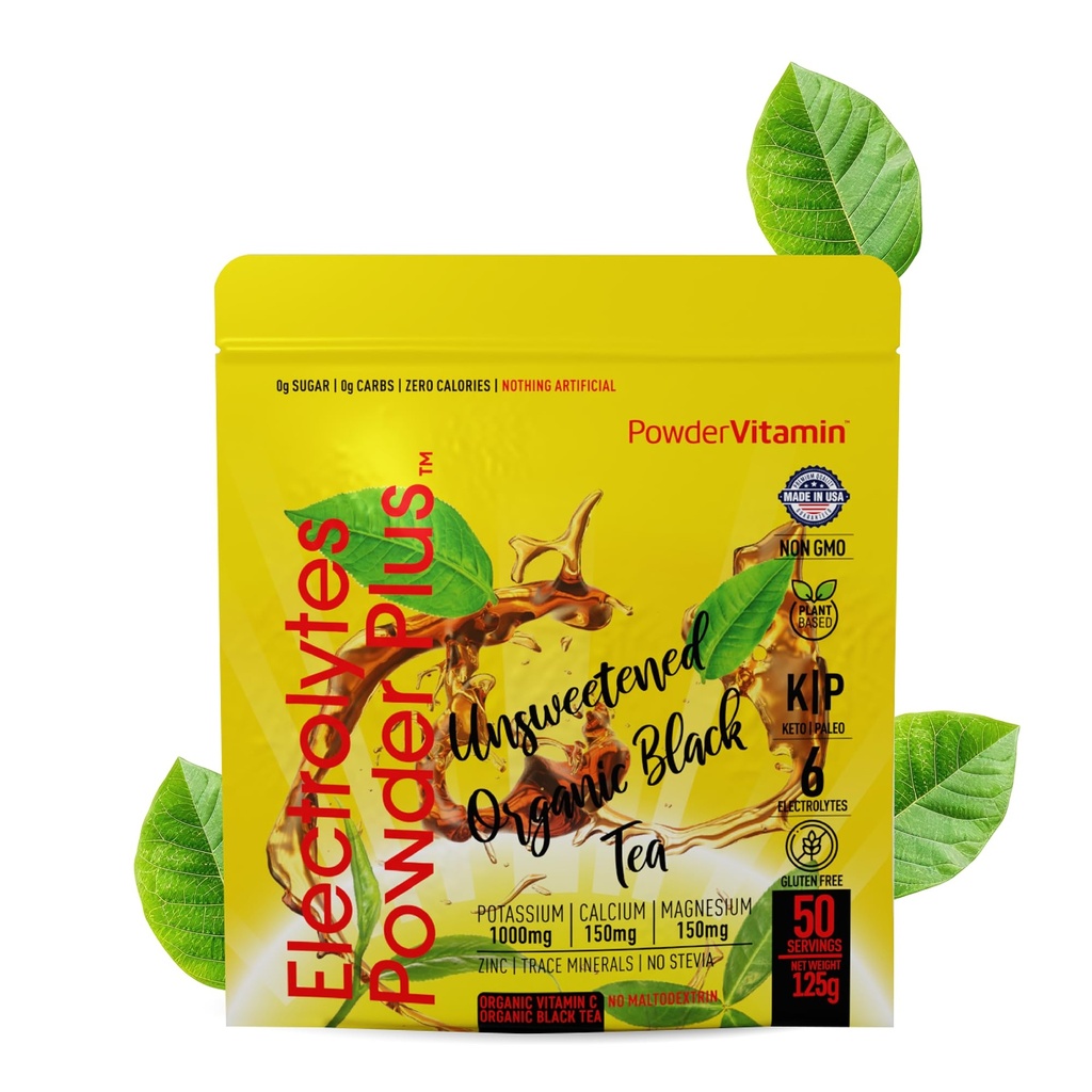 Prášokvitamín Electrolytes prášok Plus (50 Servings) Nesladené čierny čaj Electrolyte prášok Keto,Sugarfree, ružová himalájska soľ,1000mgPotassium,150mgCalcium,150mg Magnesium,Hydration Powder NO STEVIA