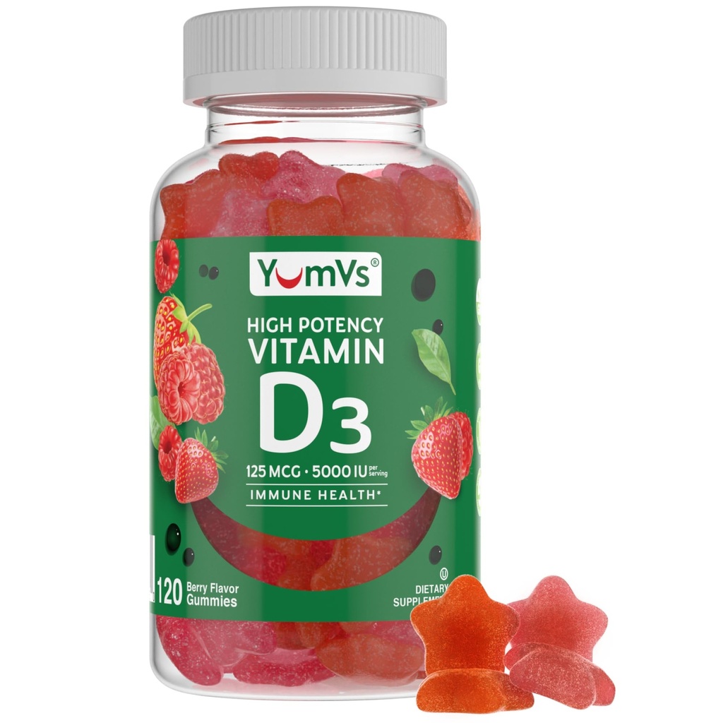 Vitamín D3 Gummy 5000 IU 125mcg D3 Gummy - Podpora Imunitná podpora, silné zdravie kostí - non-GMO, bezlepkové, Mliečne, vitamín D Gummy (120 Počet)