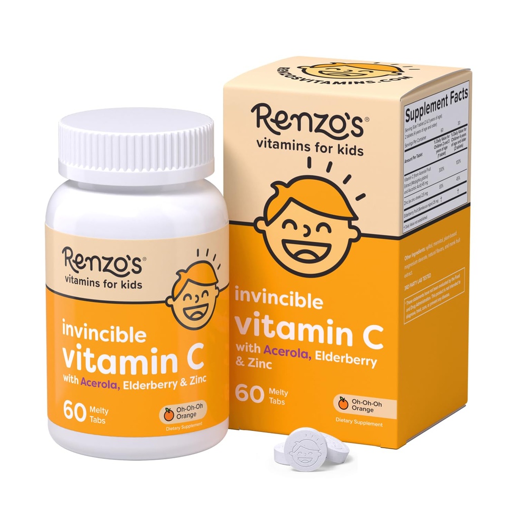 Renzo je neporaziteľný vitamín C pre deti s bazami a zinkom, nerozriešiteľné deti vitamíny pre imunitnú podporu, 60 oranžovo chutných Melty Tabs