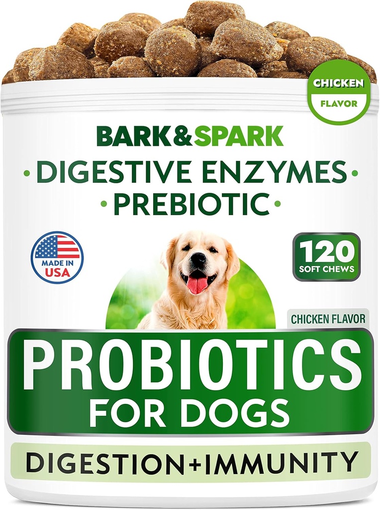 BARK&SPARK Psie probiotické žuvačky - plyn, hnačka, alergie - enzýmy + prebiotiká - žuvacia vláknina - trávenie, imunita - USA Made - 90 Ct - kuracie