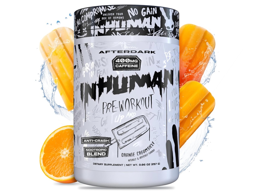 PO DARKE INHUMAN predprášok-prášok, posilnená Mind-muscle pripojenie, Trvalá energia, Potent Nootropic Blend, Vegan, Gluten-free, Soy-free, 400mg kofeínu, No Crash, Orange Creamsicle
