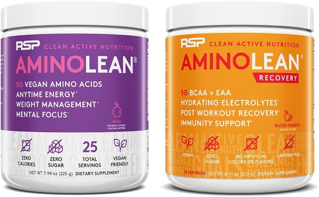 RSP NUTRITION Vegan AminoLean pre cvičenie energie (Acai 25 slúži) s AminoLean zotavenie post cvičenie Boost (Blood Orange 30 slúži)