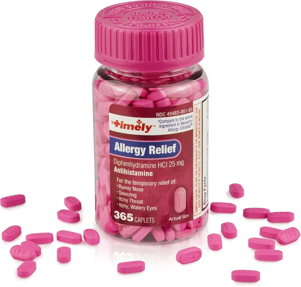 Včasná úľava od alergie Difenhydramín HCl 25 mg - 365 Caplets - V porovnaní s benadrylovou alergiou Ultratab - Antihistaminikum - Alergická medikácia - Úľava od nosa pre dospelých - Vodná liečba očí