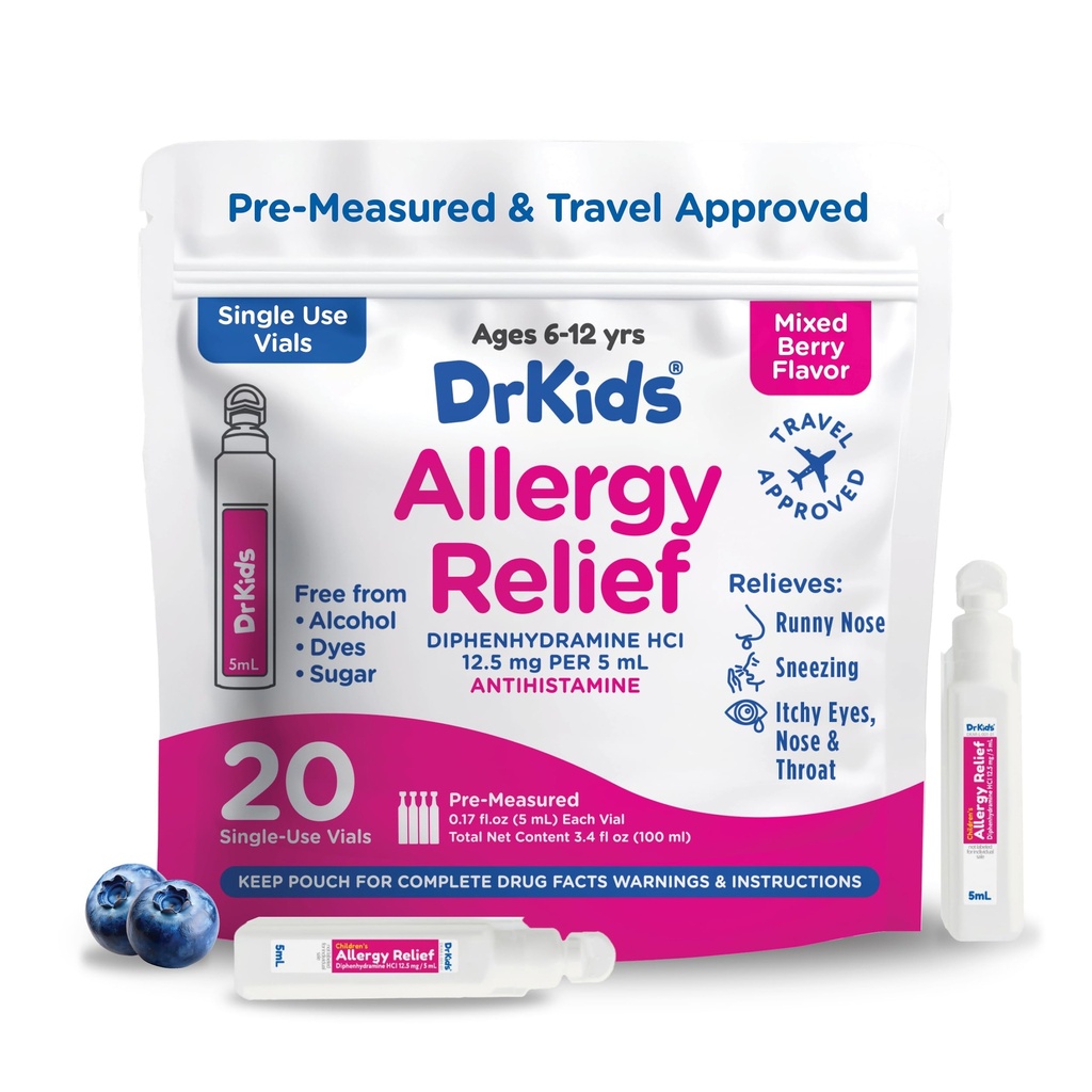 Dr. Kids Detská alergia medicína s difenhydramínom - vopred namerané injekčné liekovky na jedno použitie, Detské antihistaminikum pre kýchanie, Runny nose & svrbenie oči, zmiešané Berry Flavor, 20 Počet (Pack of 1)