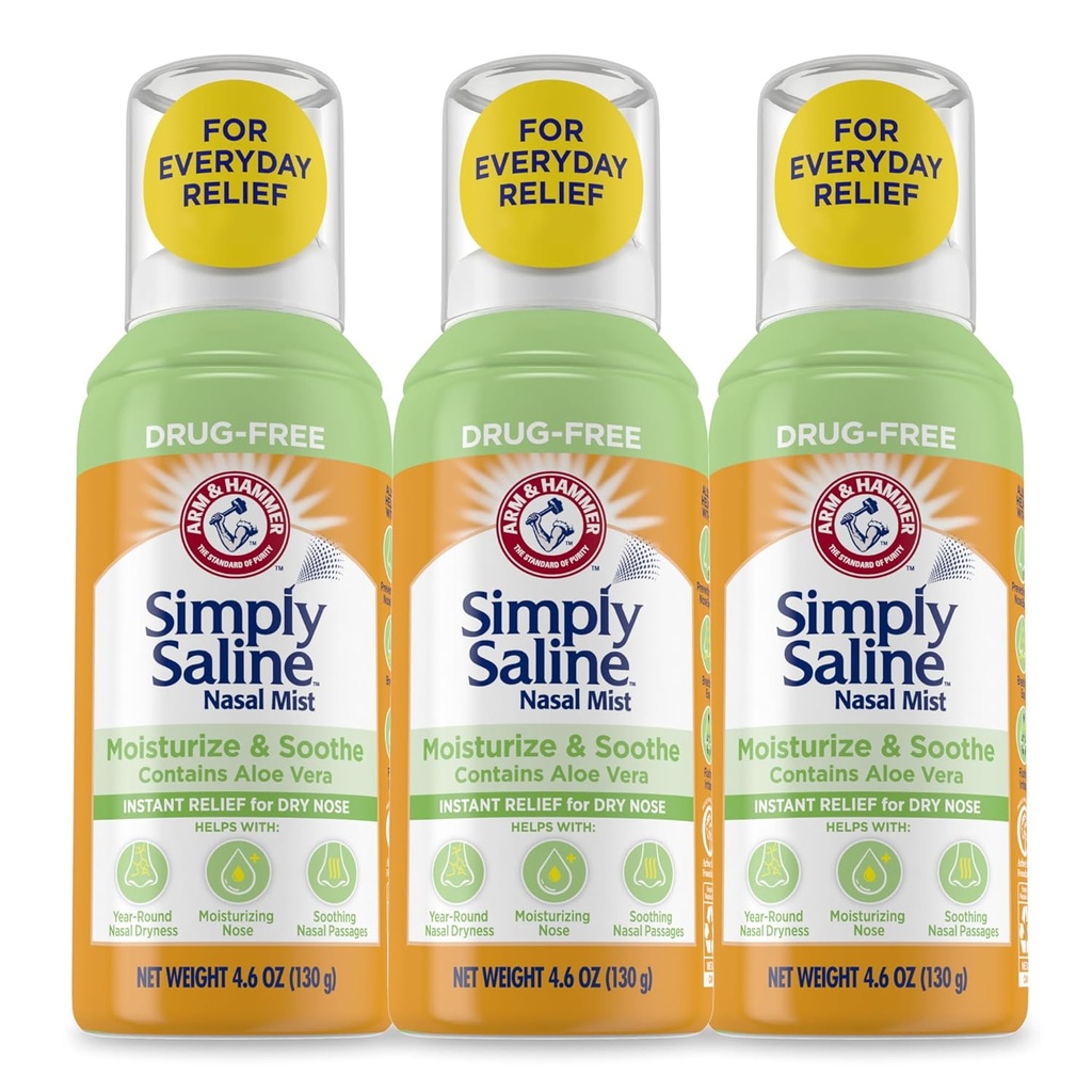Arm & Hammer jednoducho Saline Hydralizovať & Soothe nosal hmla, bez drog Hydratačné lasálny nosný sprej pre okamžitú úľavu pre suché nosy, 4,6 Oz (130 g), 3 balenie