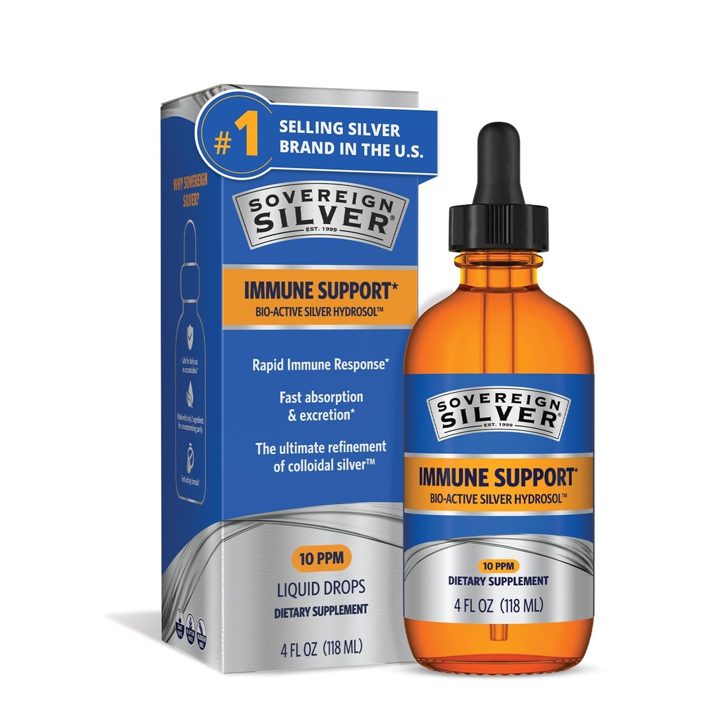 Sovereign Silver Immune Support - Koloidné striebro, Bio-Active Silver Hydrosol, 10 ppm, Liquid Dropper, 4 Fl Oz (118 ml)