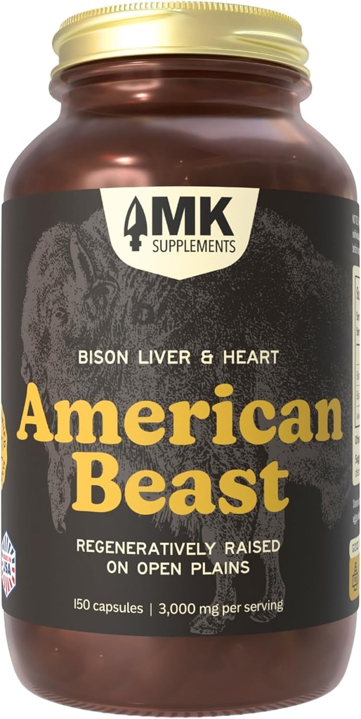 MK Doplnky American Beast, Bison Organ Supplement pre športovcov, podporuje silu, vytrvalosť a zotavenie, mrazenie-dried, non-GMO, Bison Liver & Bison Heart, 30 Servings (3.000 mg každý)