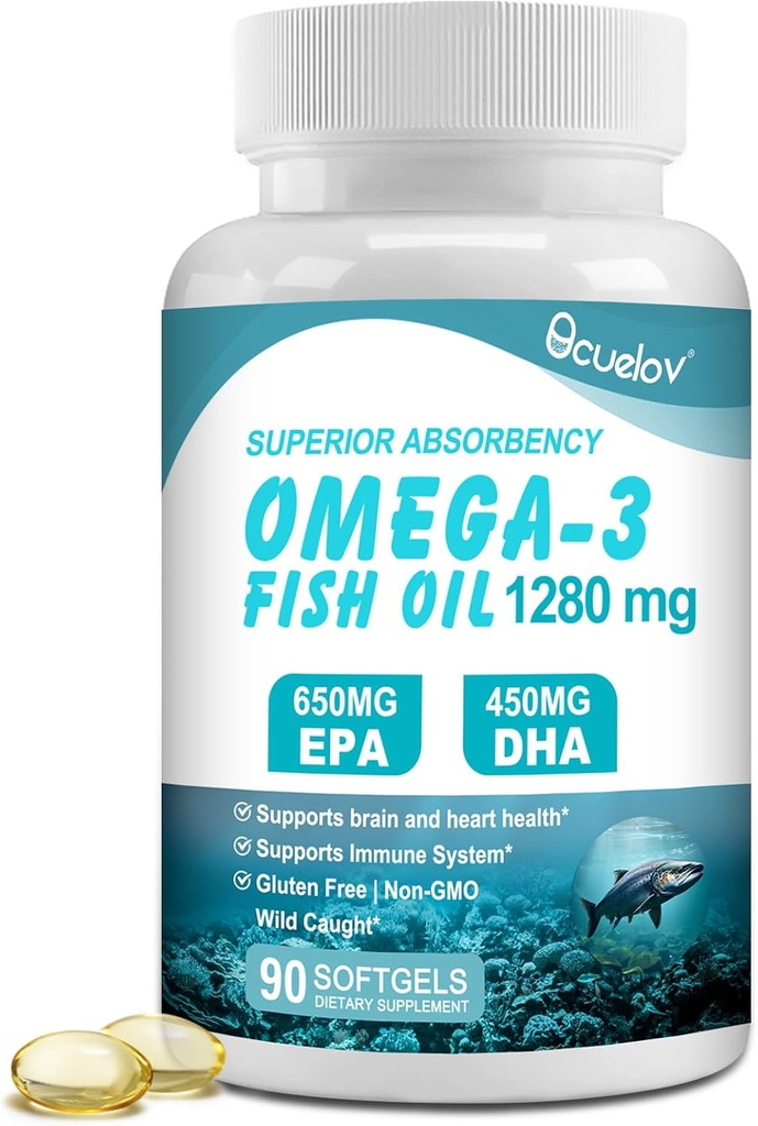 Omega 3 Fish Oil Supplements,Trojitá sila Omega 3 Nutritional Supplement with 650mg EPA 450mg DHA Per Serving - Mozog, oči, srdce a imunitné zdravie Podpora - 90 Softgels (45 Serv)
