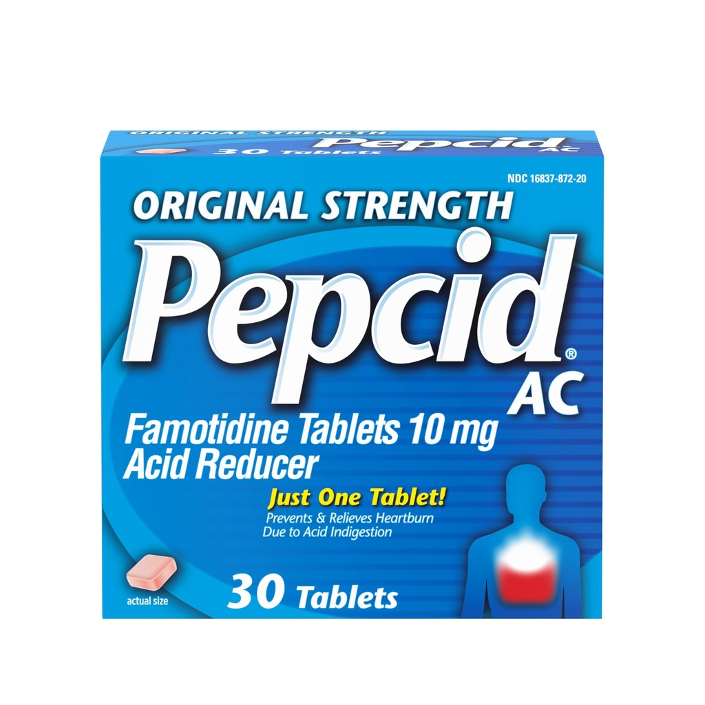Pepcid AC Original Strength Heartburn Relief Tablets, OTC Medicine Prevents & Reliefs Heartburn & Acid Reflux Vzhľadom na kyslé poruchy trávenia, 10 mg Kyselina famotidínová Redukcia, rýchle pôsobenie, 30 ot