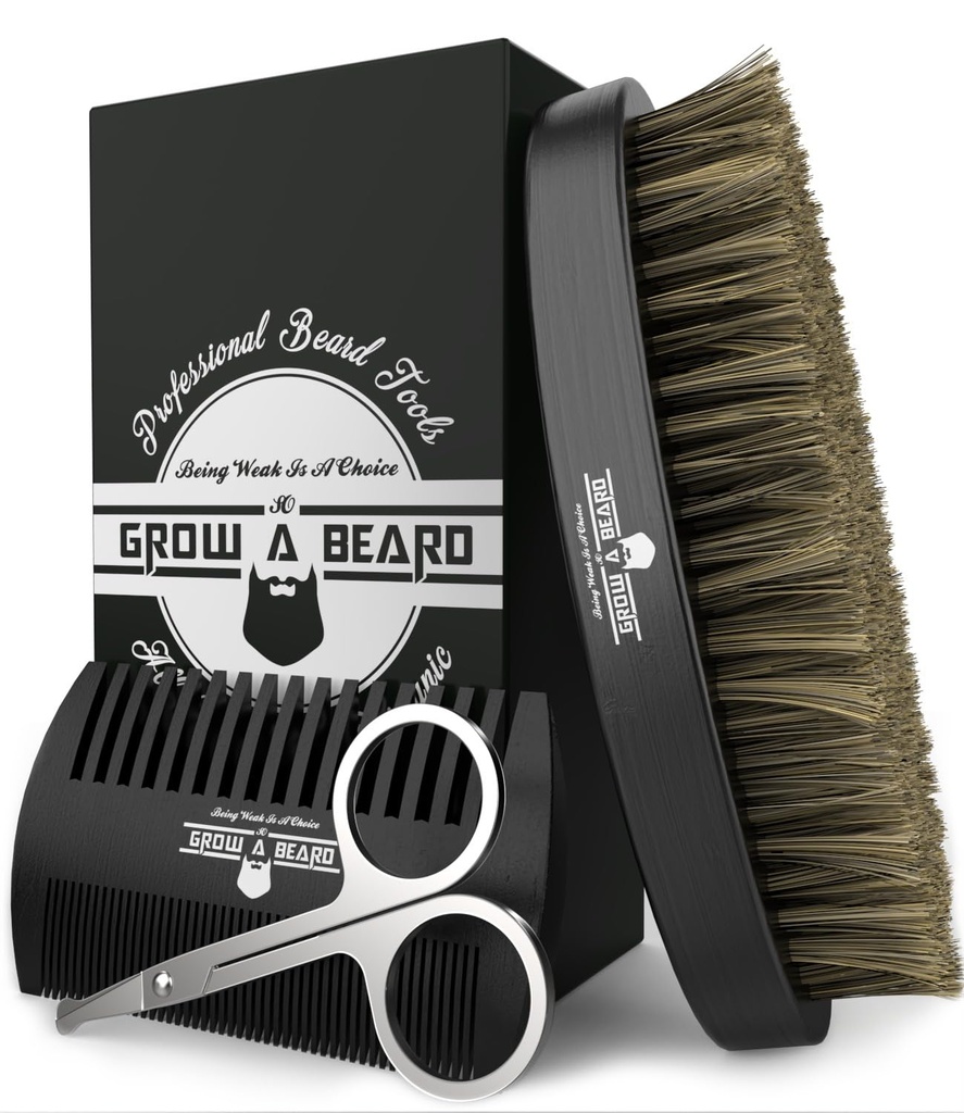 Kefka na bradavice pre mužov a brada Comb Set w/Mustache Nožnice na úpravu oblečenia, prírodná bordová kefka, dvojakčná drevo Comb a cestovná taška skvelá na vianočný darček