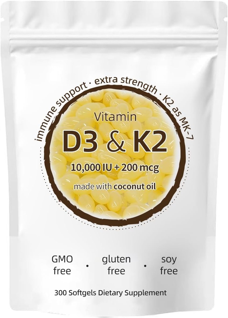 Vitamín D3 K2 doplnok, 10000 IU D3 + 200 MCG K2, 300 softgelov, bez GMO, bez lepidla
