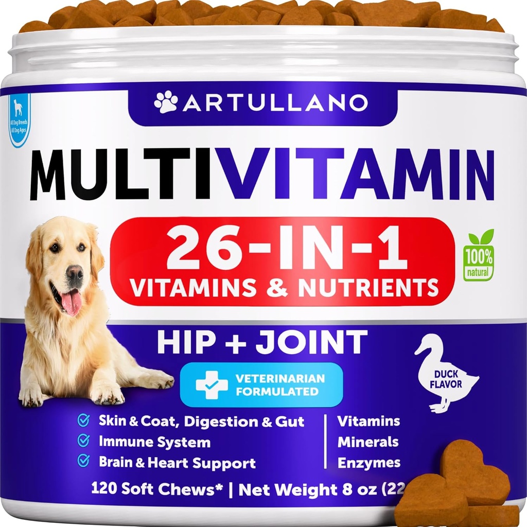 Psie multivitamín Chewable s glukozamínom 26 v 1 - Psie vitamíny a doplnky - Senior & Puppy Multivitamín pre psy - Pet Joint Support Health - Imunita, Mobilita, Gut Skin - 120 Žuvačky
