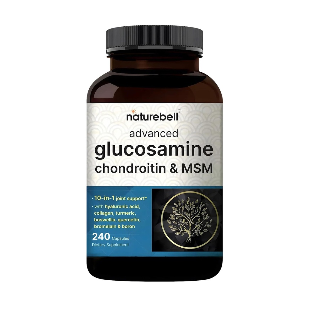 NatureBell Advanced Glucosamine Chondroitín & MSM - 240 kapsúl - 10-in-1 Spoločný podporný komplex* - Obsahuje kyselinu hyalurónovú, kurkumu, glukozamín, kolagén a viac