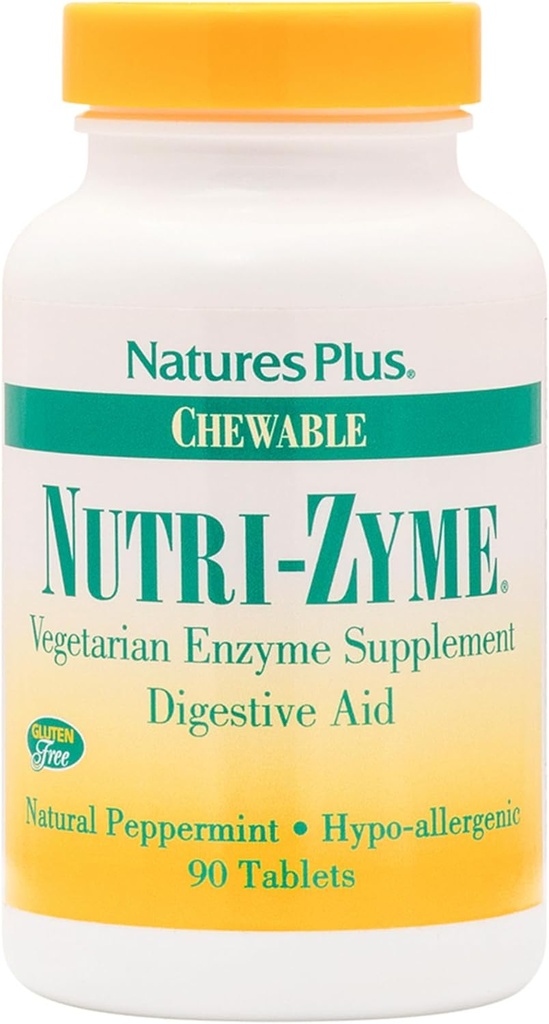 NaturesPlus Nutri Zyme - 90 Žuvacie tablety, Peppermint Flavor - Vegetarián Enzyme Supplement with Bhomelain & Papain, Natural Digestive Aid - Gluten-free - 45 Servings