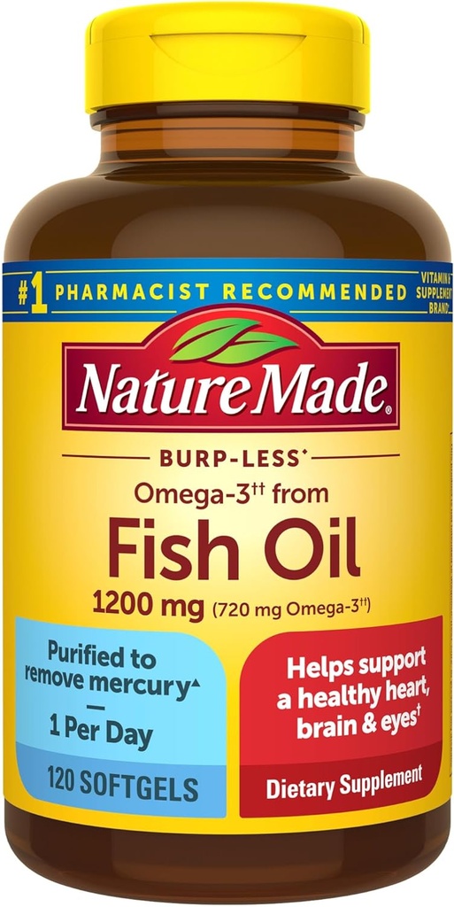 Nature Made Burp Less Omega 3 Fish Oil Supplements, 1200mg, EPA DHA Omega 3 Supplement as Ethyl Esters, Fish Oil Softgels for Healthy Heart, Mozog and Eyes Support, One per day, 120 Softgels