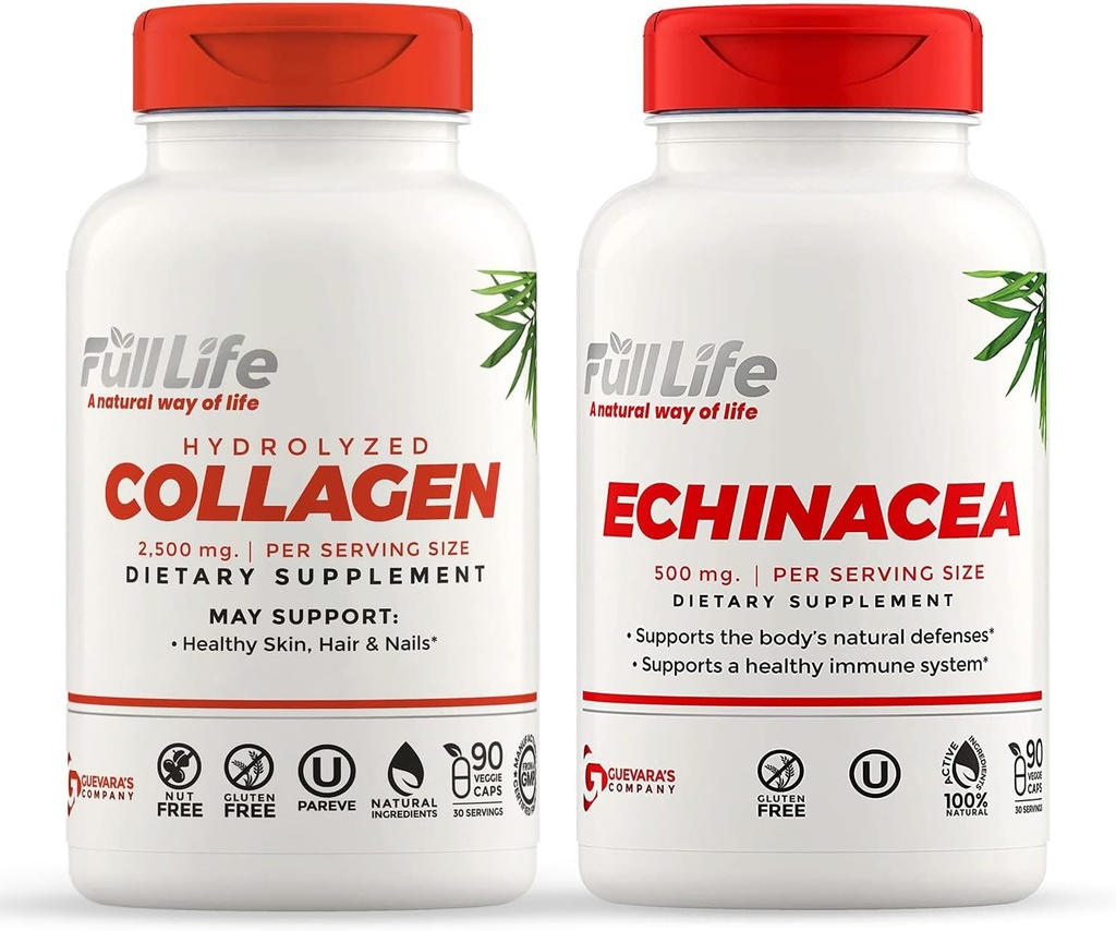 Full Life Hydrolyzed Collagen and Echinacea Kapsule - Dietary Supplements - Bovine Collagen Pills for Women and Men - Echinacea Purpurea Extract, Gluten-Free - 90 Veggie Capsules Each