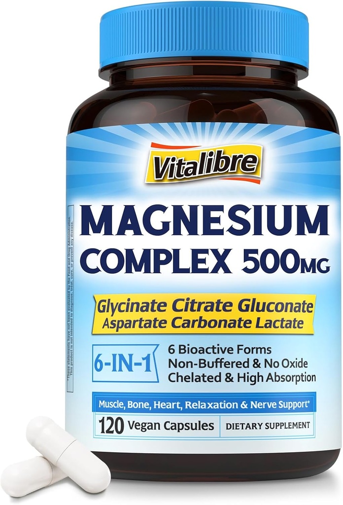 Magnézium Complex 500 mg, 6 v 1 sušený glycinát horečnatý, citran, aspartát, glukonát, uhličitan a laktát, Maximum absorpcie doplnok pre spánok a pokoj, 120 Vegan Caps, bez Magnesio oxid