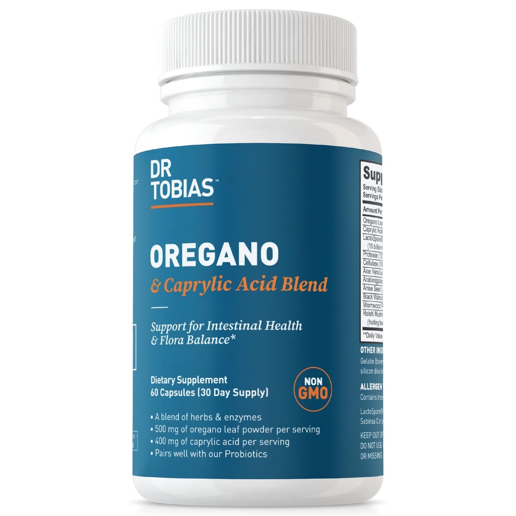 Dr. Tobias Oregano a kyselina kaprylová Blend, Gut Flora Balance Complex s probiotikami a enzýmami pre intestinálnu a imunitnú podporu, Gut zdravotné doplnky pre ženy a mužov, 60 Kapsule, 30 Servings