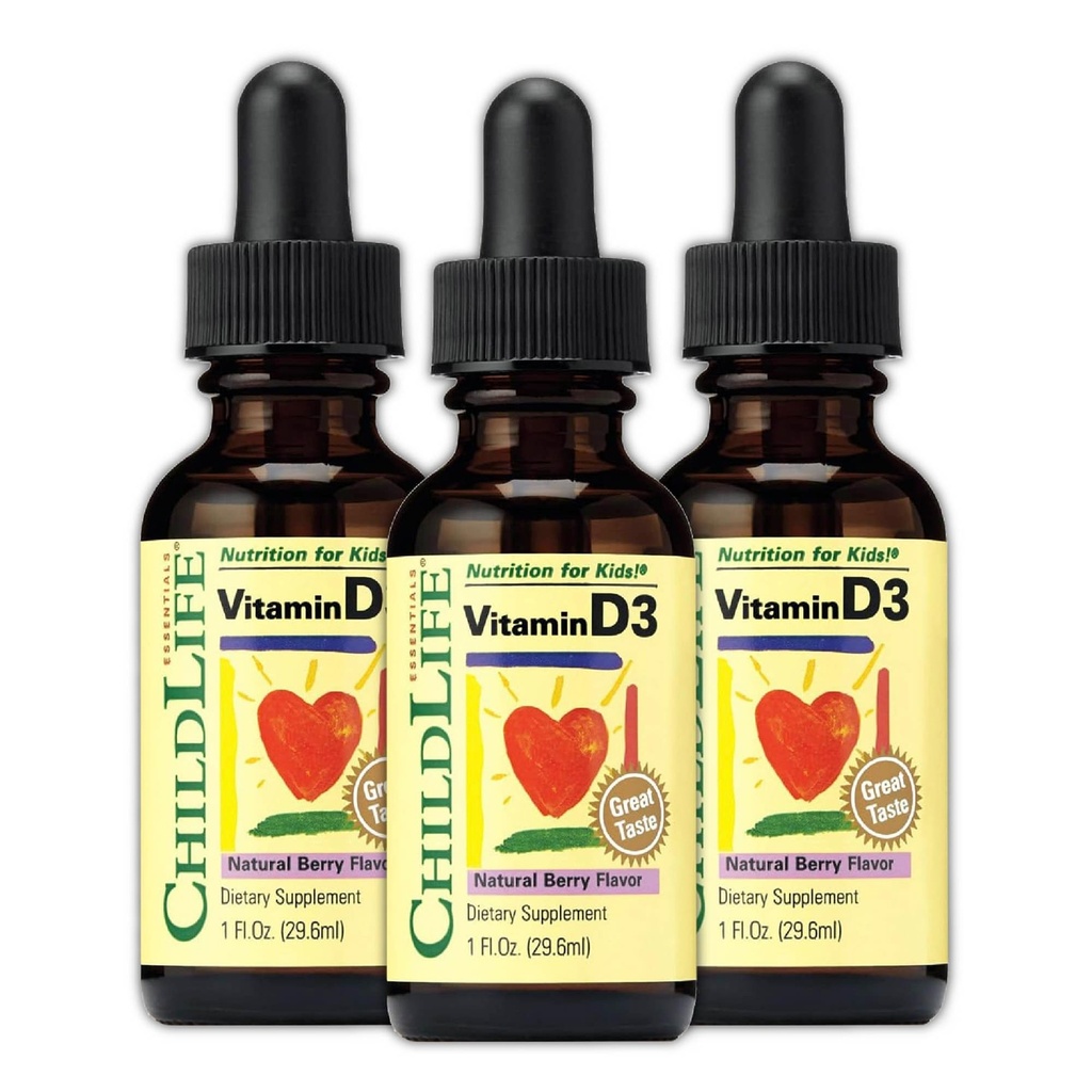 ČILDLIFE ZÁKLADNÉ LÁTKY Vitamín D3 kvapky pre deti, deti a batoľatá - kvapky tekutého vitamínu D, 500 IU na kvapku, Immune & Bone Health Support, Natural Berry - 1 Fl Oz (Stock of 3)
