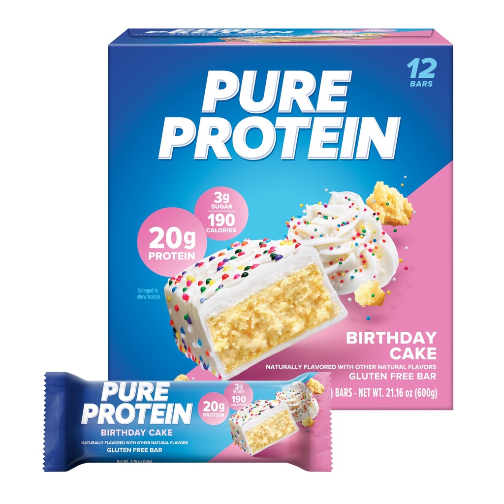 Čisté proteínové tyčinky, vysoký proteín, výživné snacky na podporu energie, nízky cukor, bez lepku, narodeninový koláč, 1.76 oz, balenie 12 (Backaging May Vary)