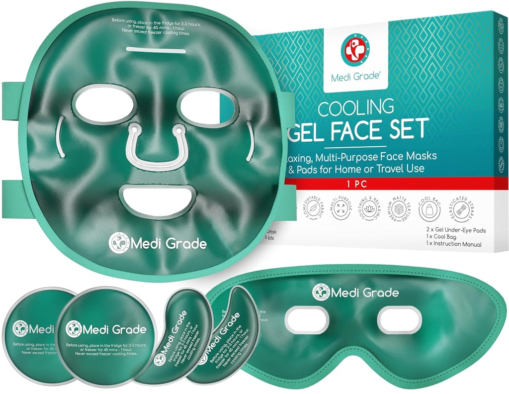 Medi Grade Cooling Ice Face Maska a Chladiace očné masky pre Puffy Eyes & Migréna Relief - Self Care Face Ice Pack s ChillGel tvár Ice Maska Technológia - Chladenie tváre Maska, Očné pads a taška