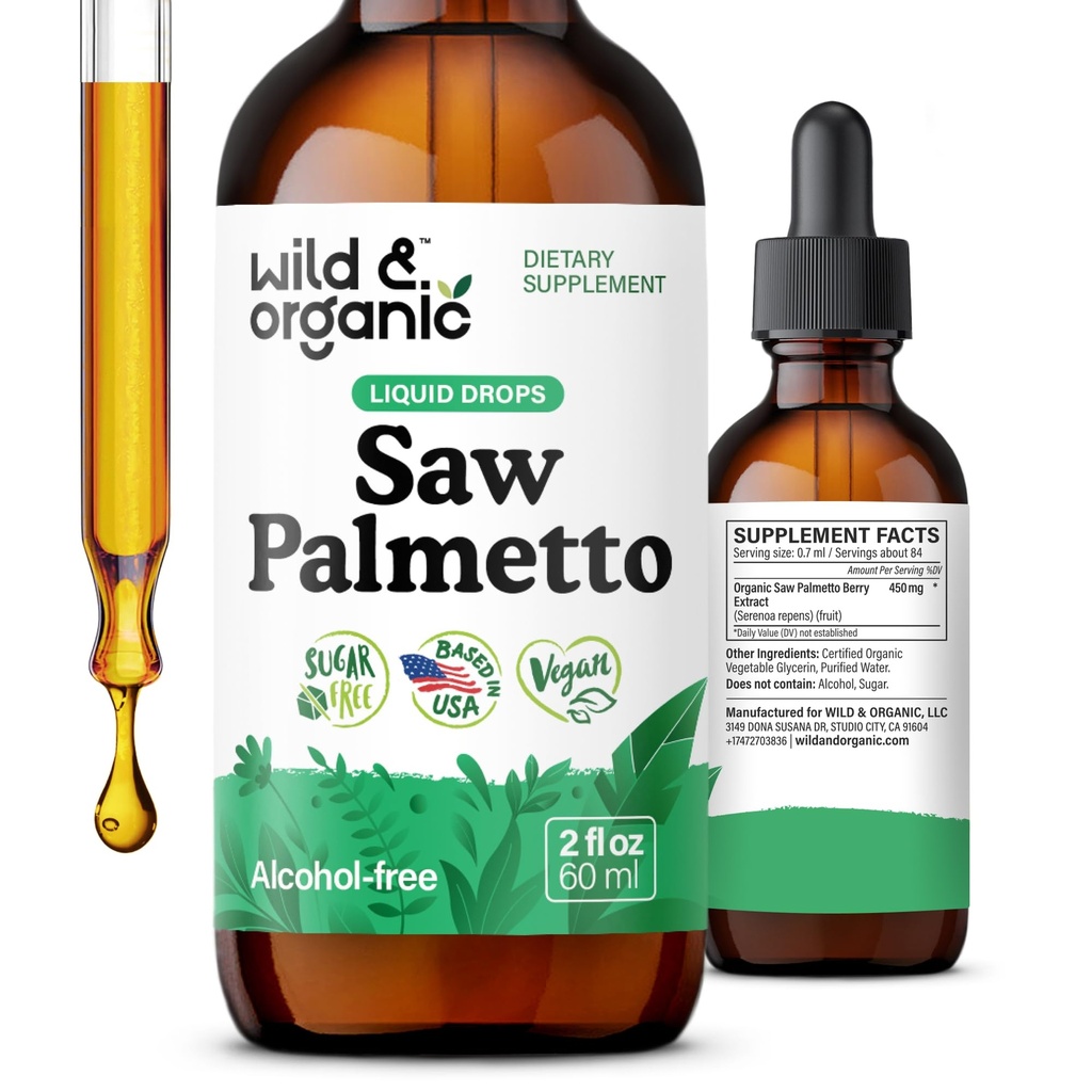 Wild & Organic Saw Palmetto Extract Drops - Urinary Support - Saw Palmetto pre mužov a ženy - Liquid Serenoa Repens Berries Supplement - Vegan, Cukor a alkohol-free - 2 fl oz