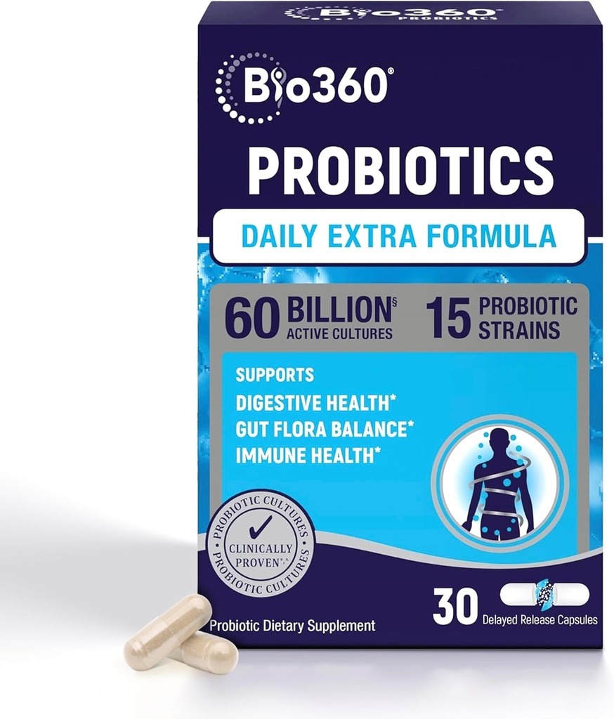 Extra Strength Probiotic for Digestive Health and Immune Support, 60 Billion CFU & 15 Strains, Gut Health Probiotics for Men and Women Supports Occasional Constipation, Diarrhea, Gas & Bloating, 30CT