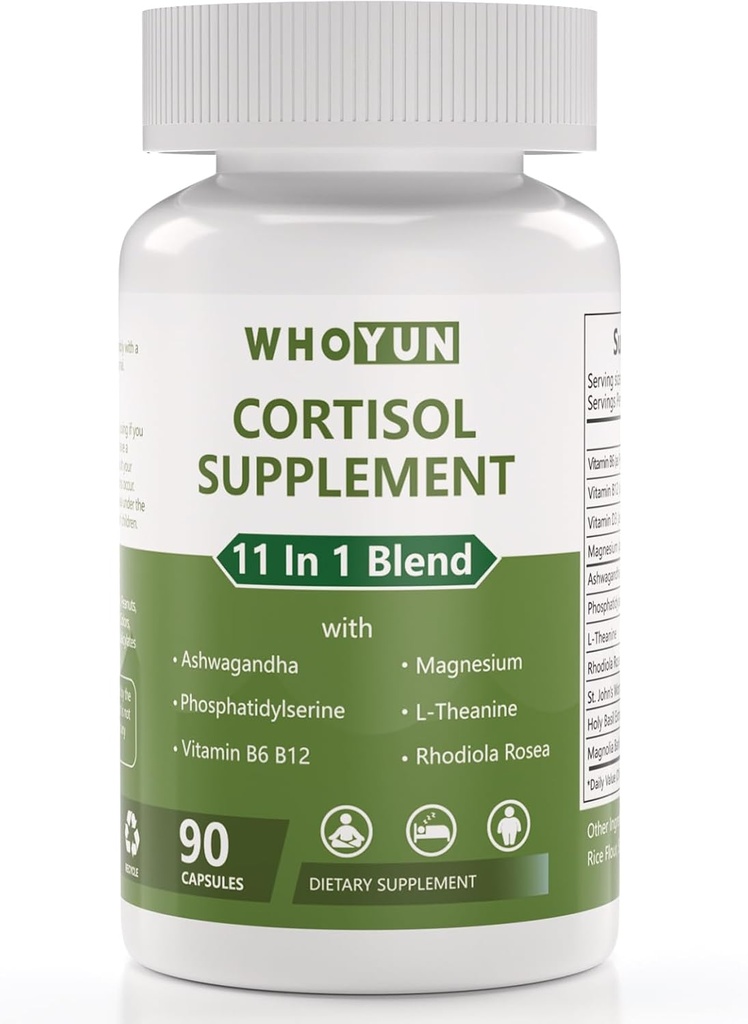 Cortisol Supplement for Women, 11 in 1 Lower Cortisol Blend with Ashwagandha, Fosfatidylserin, Magnézium, L- Theanine, Vegan, 90 Kapsule