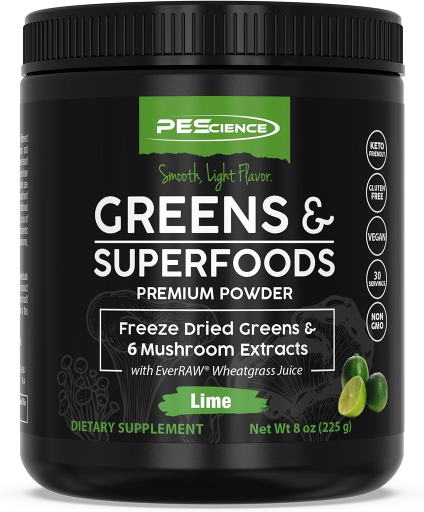 PEScience Greens Powder Superfood with Natural Chlorophyll, Reishi & Turkey Tail Mushrom Powders, Freeze-Dried Kale, špenát, brokolica Sprouts, Lime Flavor, 30 Servings